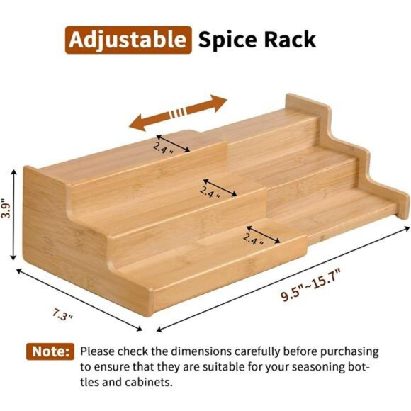 adjustable bamboo spice rack organizer 3 tier kitchen cabinet pantry shelf stora - Picture 3 of 8